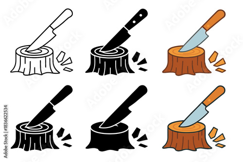Knife and Stump Styles. Knife resting on tree stump beside wood chips first in line style with thin outline, second in solid style