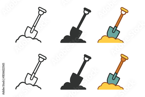 Shovel Styles Exploration. Shovel blade digging into sandy ground first in line style with thin outline, second in solid style