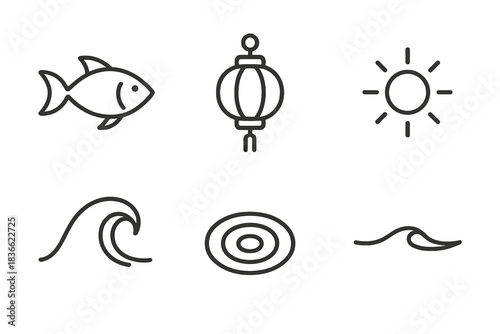 Fish Lantern Waves. Line style vector icons of fish lantern wave: swimming fish outline, curved tail fin, hanging lantern frame,