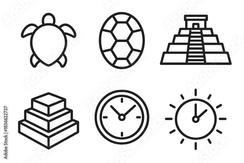 Reptile Temple Icons. Line style vector icons of reptile temple hourmark: turtle silhouette, shell sweep, temple-like pyramid