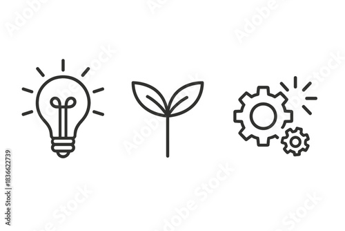 Eco-Innovation Icons. Line style vector icons of lightbulb plant cog: glowing lightbulb shape, filament curve, leafy plant sprout,