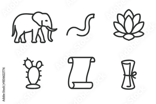 Tusked Elephant and Cactus. Line style vector icons of tusked succulent parchment: elephant silhouette, trunk sweep curve,