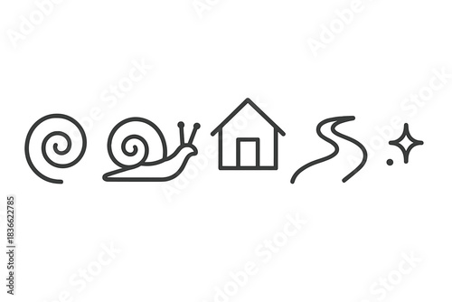 Snail House Icons. Line style vector icons of snail house trail: curling snail shell, slim snail body, small house outline,