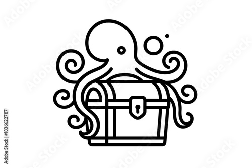Tentacled Treasure Icon. Line style vector icons of tentacled trove gem: octopus silhouette, looping arms, trove container body,