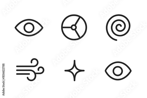 Visionwind Gyro Icons. Line style vector icons of visionwind gyro: simple eye mark, lid sweep, wind-driven circle, gyro swirl,