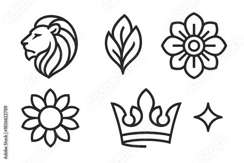 Regal Blossom Icon. Line style vector icons of regal blossom crest: lion figure, mane ridge, open blossom plate, blooming petal