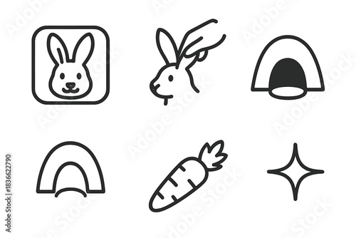 Rabbit Way Icons. Line style vector icons of rabbitway rootpick: rabbit frame, ear lift, rootway hole cue, narrow passage arc,