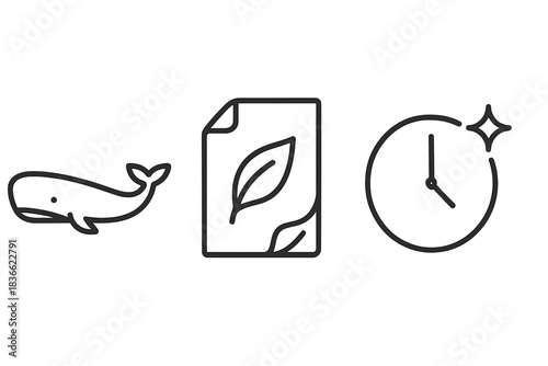 Whaleleaf Clockform Icons. Line style vector icons of whaleleaf clockform: long whale outline, tail bend, leaf-like page tab,