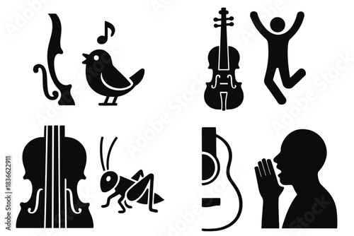 Melodic Nature Harmony. Icons for: a violin’s curve near a chirping silhouette, a graceful instrument beside a lively jumper,