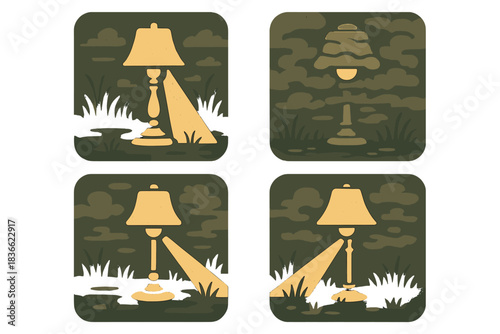 Lamp Pierces Swamp Haze. Icons for: lamp brightness cutting through swamp haze, warm glow piercing murky vapors, a clear beam