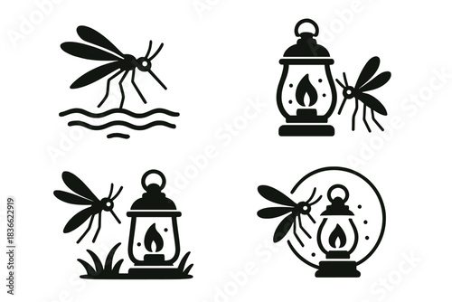 Mosquito Swamp Icons. Icons for: Mosquito Swamp Lamp, a thin flyer near murky water, a tiny drifter beside glowing glass, a dusk