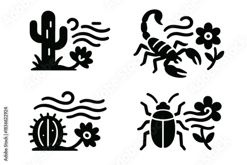 Desert Breeze Icons. Icons for: a desert breeze brushing claws and petals, hot air weaving between stinger and bloom, warm wind