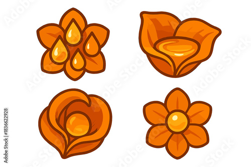 Luminous Flower Nectar. Icons for: droplets gathering at a flower’s heart, warm nectar pooling in soft folds, glowing sweetness
