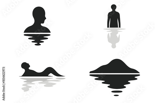 Serene Silhouette Reflection. Icons for: a mirrored silhouette beneath a curved neck, a faint double image below a pale body, a