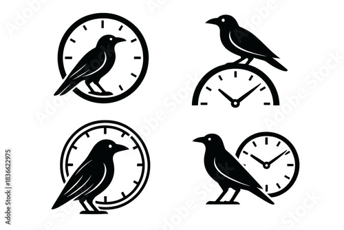 Circular Time Crow. Icons for: a crow’s stance echoing circular time, a dark arc mirroring the clock’s rim, a feathered outline