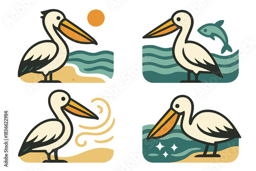 Pelican's Coastal Vigil. Icons for: Pelican Beach Fish, a broad-billed bird near rolling shoreline, a calm watcher beside a