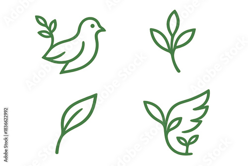 Nature's Serenity Icons. Icons for: a branch’s tip echoing a dove’s purity, a green sprig mirroring a peaceful outline, a soft