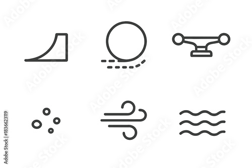 Skate Ramp Vector Icons. Line vector icons of Skate Ramp Roll: ramp slope, roll mark, skate frame, dirt speck, breeze nib, ripple