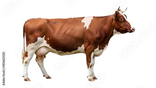 Dairy cow brown and white breed standing profile isolated against white background farm animal livestock agriculture on transparent background