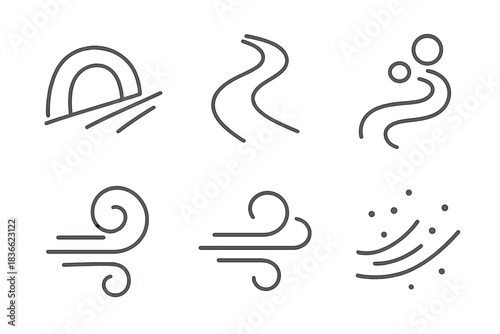 Streetline Auto Flow Icons. Line vector icons of Streetline Auto Flow: streetline arc, auto curve, flowing path, bubble mote, air