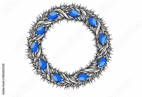Artistic depiction of a circular wreath made from intertwined feathers and adorned with vibrant blue gemstones creating a harmonious blend of textures and colors