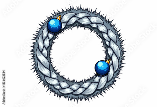 Festive Holiday Wreath with Intricate Braided Design and Two Vibrant Blue Ornaments on a Background of Plush Fur Texture