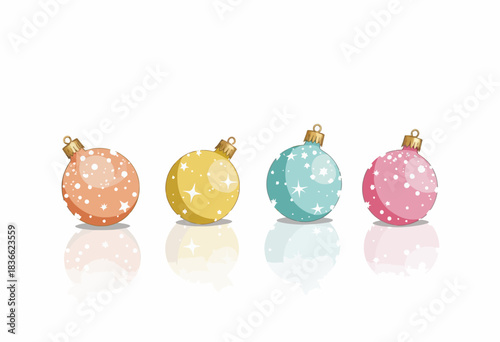 Colorful Sparkling Christmas Ornaments with Reflective Surfaces Arranged in a Row Against a Clean White Background for Festive Seasonal Atmosphere