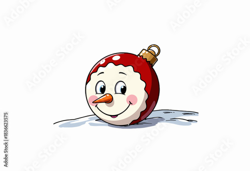 Whimsical Christmas Ornament Featuring a Joyful Snowman Face with a Carrot Nose, Resting on Snow, Embodying Holiday Cheer and Charm