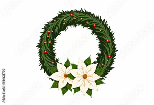 Festive evergreen wreath adorned with vibrant red berries and two elegant white poinsettia flowers, symbolizing holiday cheer and seasonal decoration