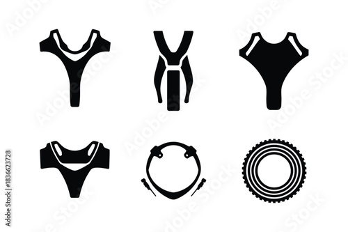 Collection of stylized black silhouette icons of swimwear and bicycle parts