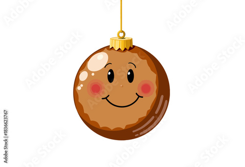 Adorable Smiling Christmas Ornament with Cute Facial Expression on a Glossy Brown Surface Featuring Cheery Red Cheeks