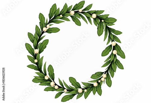 Beautifully Crafted Laurel Wreath with Lush Green Leaves and Elegant White Berries Illustrating Classic Symbolism and Timeless Elegance