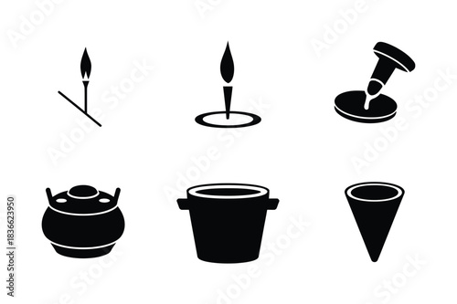 Collection of simple black and white icons of household objects