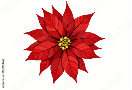 Vibrant red poinsettia with richly colored leaves and intricate yellow central details, capturing the essence of holiday cheer and traditional festive adornments