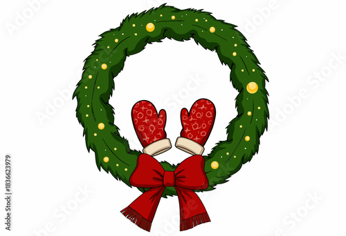 Festive Christmas Wreath with Red Mittens, Ribbon, and Ornaments Perfectly Symbolizing Holiday Spirit and Winter Celebration
