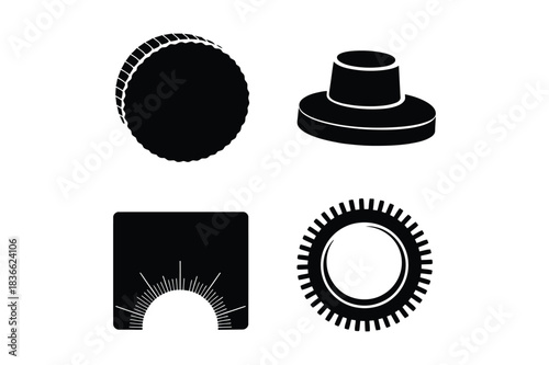 Four black and white graphic icons representing mechanical parts and objects