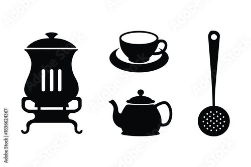 Black silhouette icons of tea and kitchen utensils