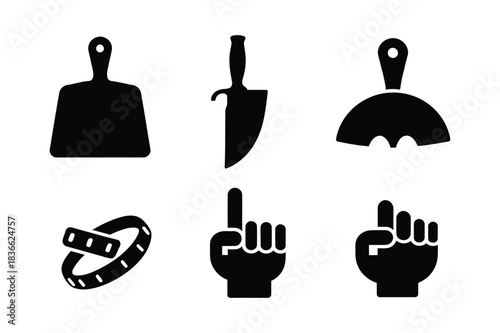 Collection of black silhouettes of household and sports items