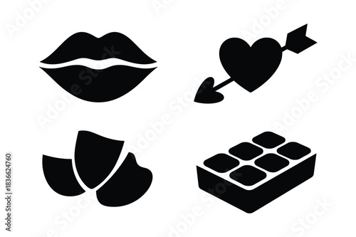 Four black icons representing love and sweet treats