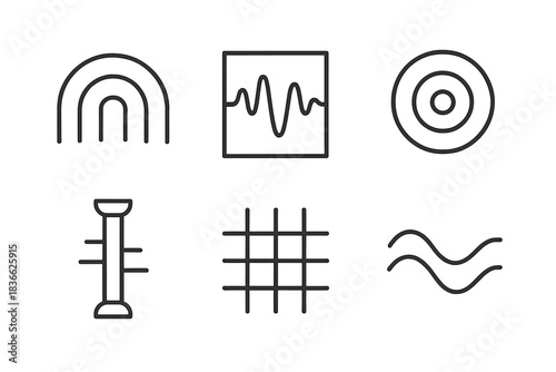 Auditory Geometry Icons. Line style icons of Audible Geometry: sound arch, pulsing plane, resonant circle, tonal pillar, harmonic