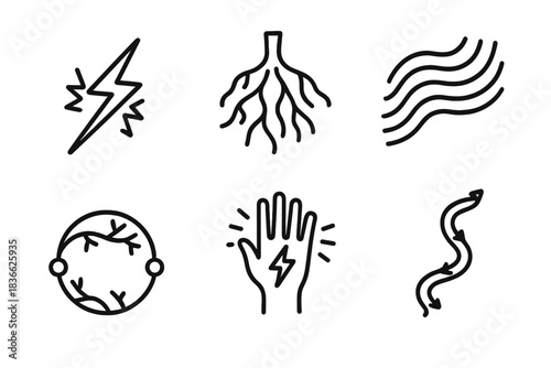Bioelectric Iconic Designs. Line style icons of Bioelectric Form: charged line, glowing root, flowing pattern, neural arc, radiant