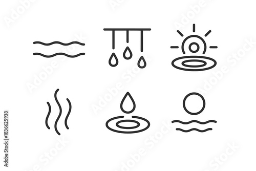 Liquid Calm Icons. Line style icons of Liquid Calm: misty horizon, dripping rain, glowing ripple, curved scent line, floating dew,