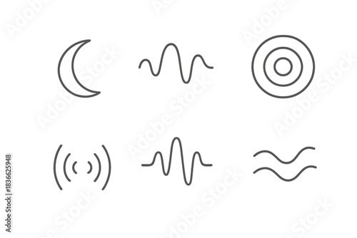 Soundless Form Icons. Line style icons of Soundless Form: luminous arc, fading trace, echo ring, hollow vibration, transparent