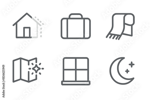Emotional Distance Icons. Line style icons of Emotional Distance: fading home silhouette, quiet suitcase, glowing map, folded