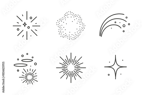 Light Particle Icons. Line style icons of Light Particles: scattered shine, glowing mist, curved beam, floating reflection,