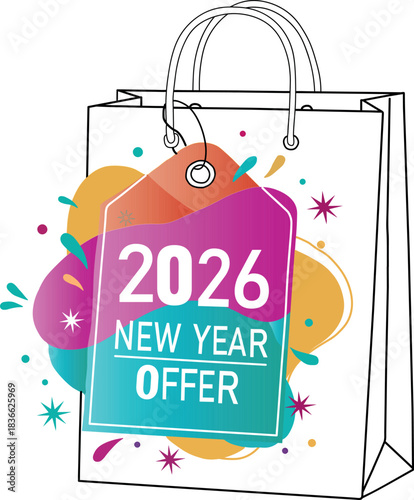 New Year 2026 Shopping Bag Offer with Vibrant Colors and Festive Decorations a Time for Shopping and Excitement with Amazing New Deals for Everyone