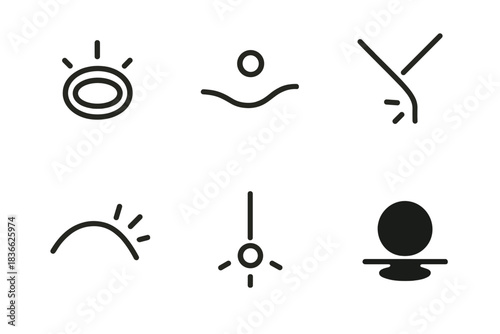 Gravity of Glow Icons. Line style icons of Gravity of Glow: glowing ring, soft descent, bent ray, curved contour, falling light,