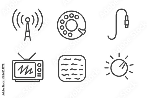 Vintage Signal Icons. Line style icons of Vintage Signals: glowing antenna, turning dial, curved wire, flickering screen, soft