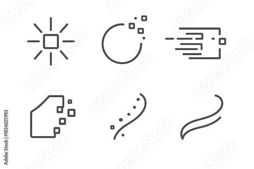 Technodust Line Icons. Line style icons of Technodust: radiant byte, drifting glow, dissolving pixel, fading fragment, curved