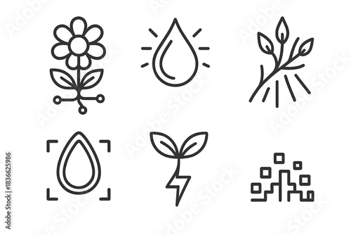 Hybrid Wilderness Icons. Line style icons of Hybrid Wilderness: circuit flower, glowing droplet, radiant branch, neon seed,